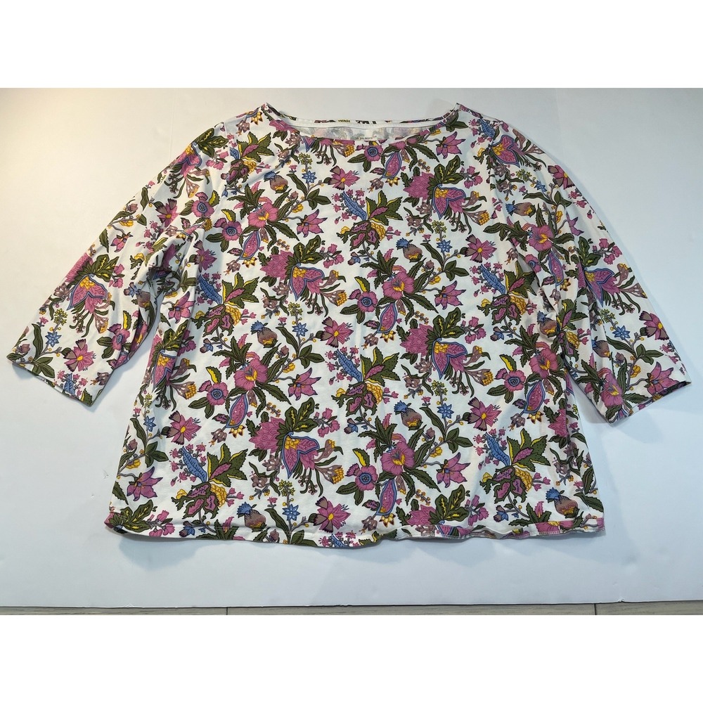 Talbots Floral Boat Neck Tee Womens 3X White Pink 3/4 Sleeve Cottagecore Preppy‎